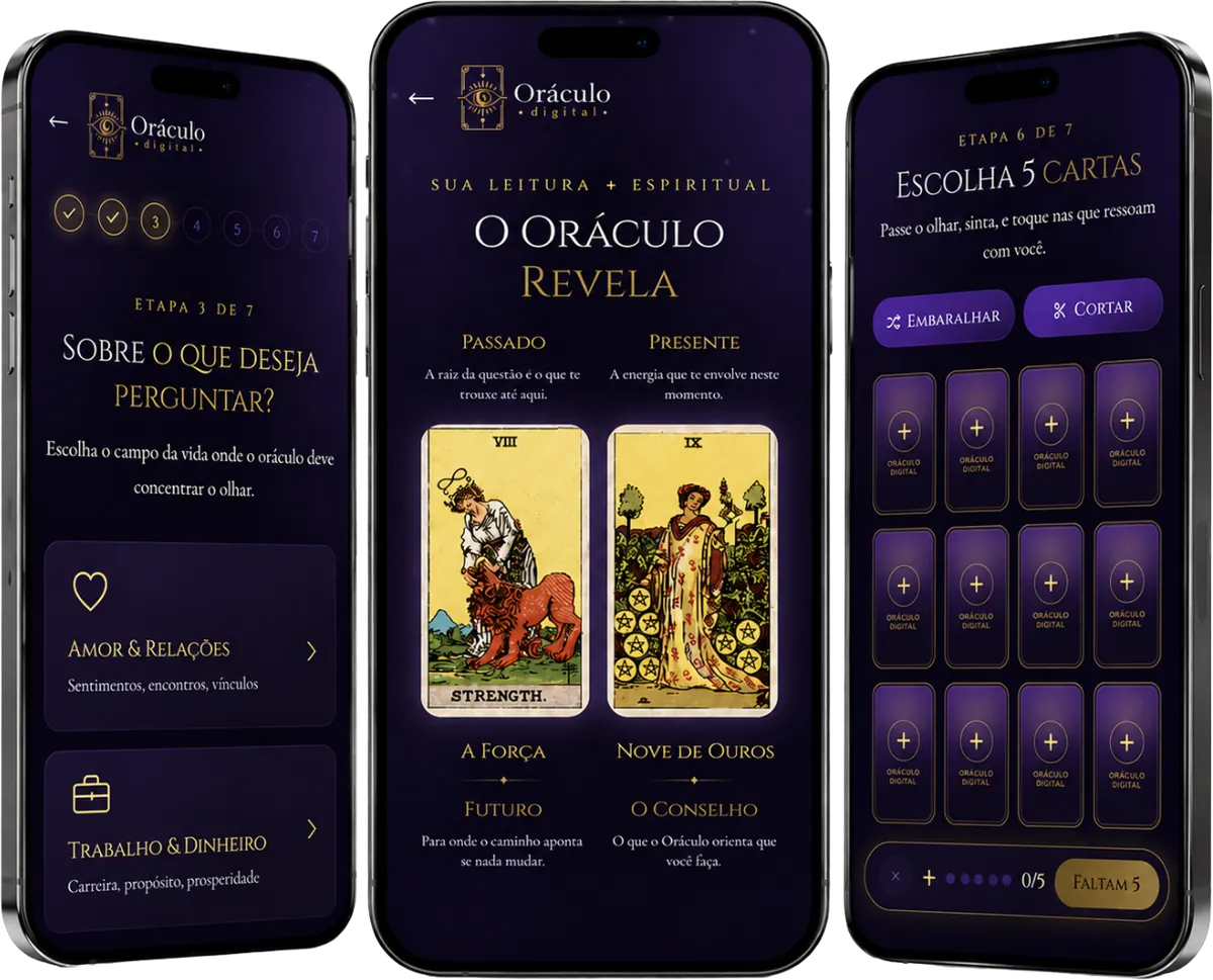 Três telas do Oráculo Digital: escolha do tema, revelação das cartas e seleção das cartas na tela do celular.